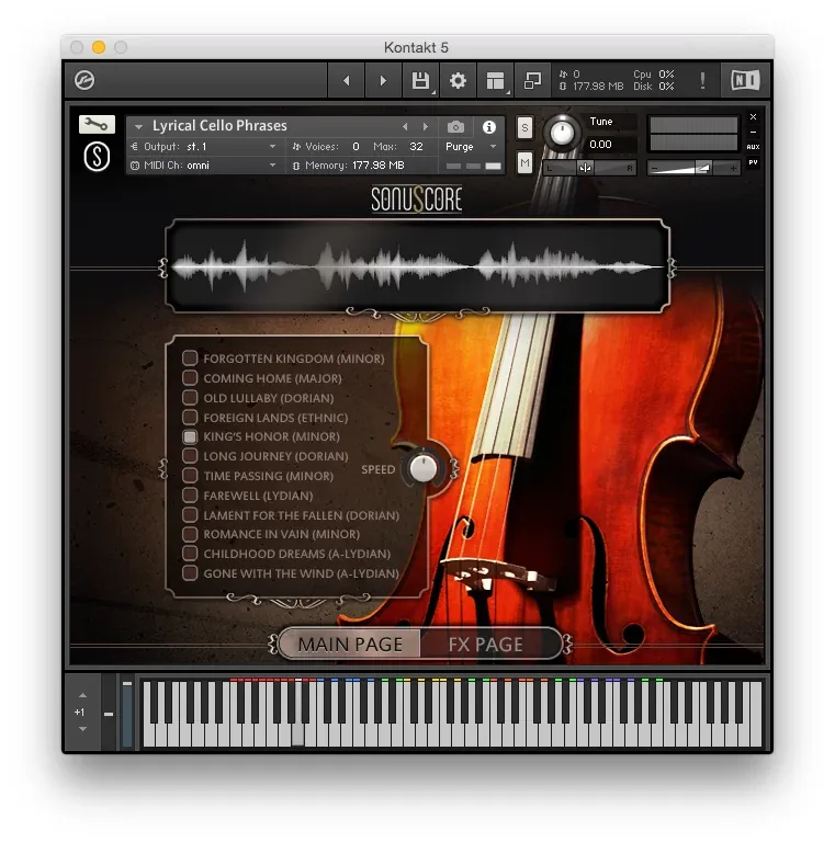 Interfaz principal del motor de frases de SonuScore Lyrical Cello Phrases