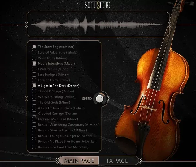 Interfaz del motor de frases de SonuScore Lyrical Violin Phrases