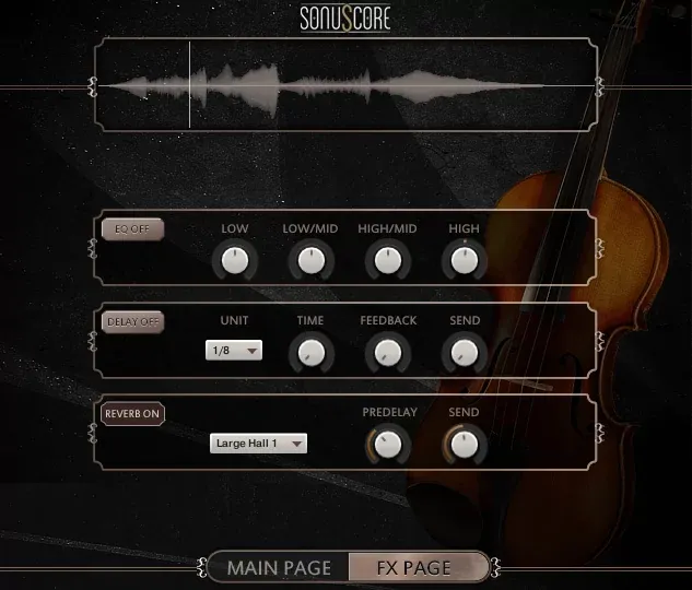 Pagina de efectos EQ, delay y reverb de SonuScore Lyrical Violin Phrases