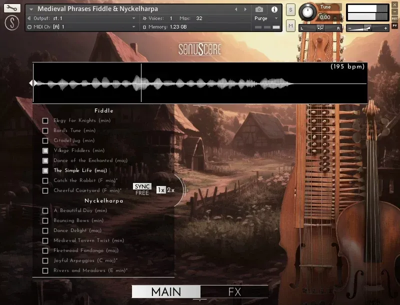 Interfaz principal de Medieval Phrases Fiddle & Nyckelharpa de SonuScore