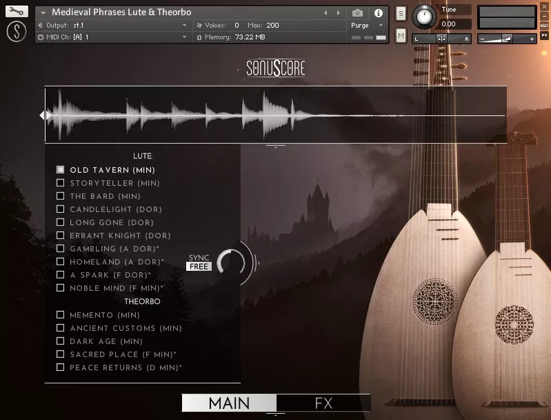 Interfaz principal de Medieval Phrases Lute & Theorbo de SonuScore