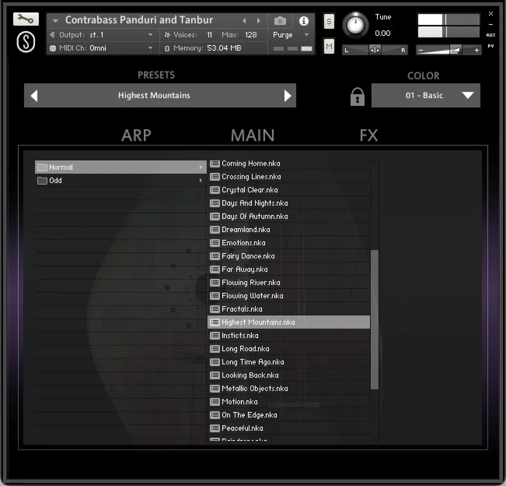 Navegador de presets de SonuScore Origins Vol.10 Contrabass Panduri y Tanbur