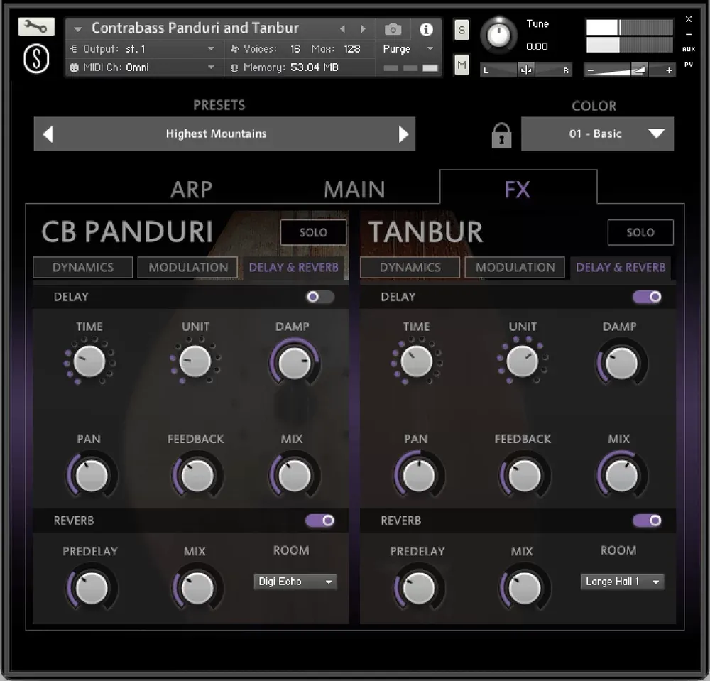 Menú de delay y reverberación de SonuScore Origins Vol.10