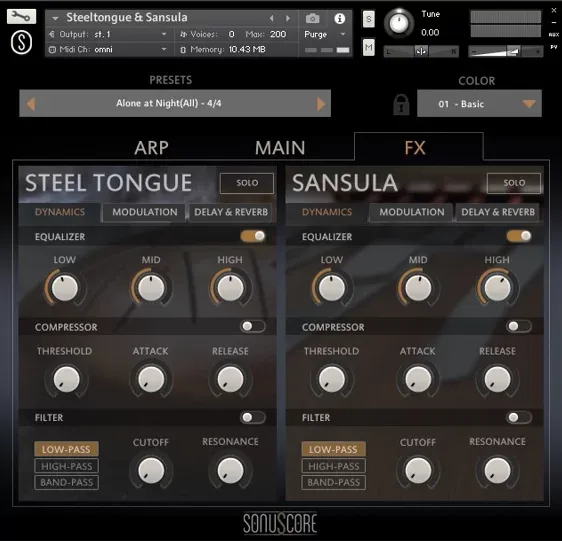 Menu de colores y efectos de SonuScore Origins Vol.1