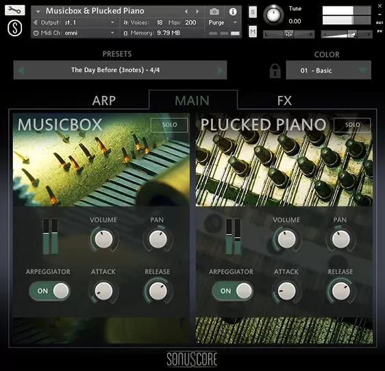 Interfaz principal de SonuScore Origins Vol.2 Music Box & Plucked Piano