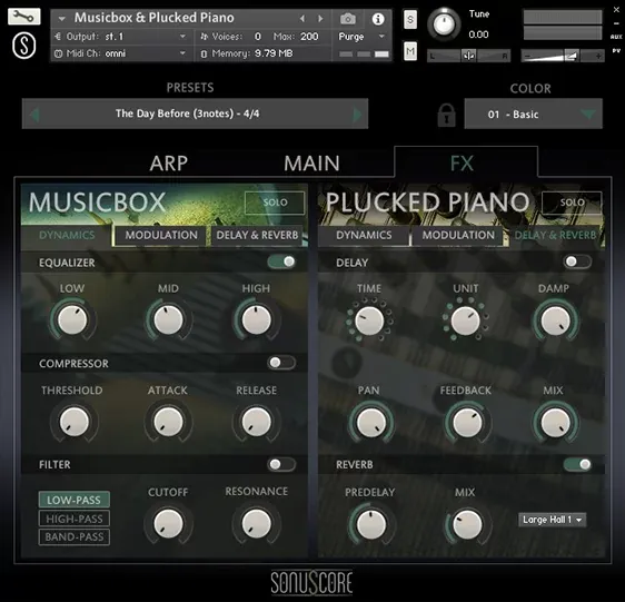 Menu de colores y efectos de SonuScore Origins Vol.2