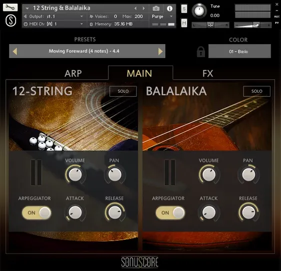 Interfaz principal de SonuScore Origins Vol.3 12-String & Balalaika