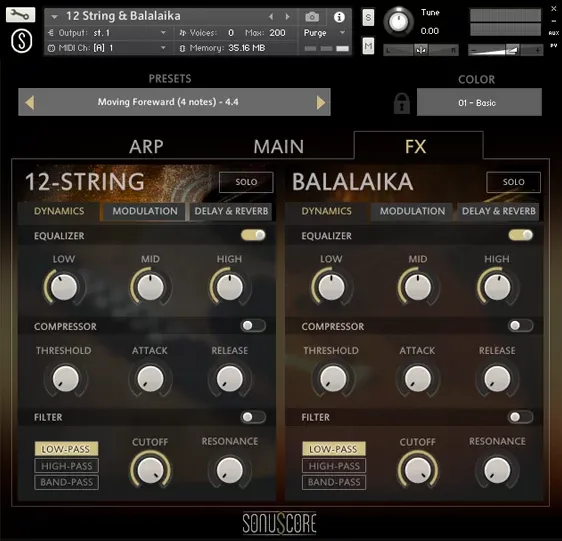 Menu de colores y efectos de SonuScore Origins Vol.3
