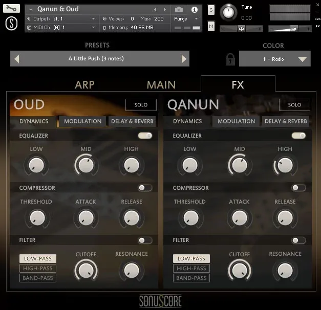 Menu de colores y efectos de SonuScore Origins Vol.4