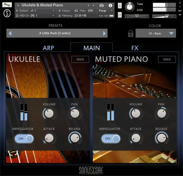 Interfaz principal de SonuScore Origins Vol.5 Ukulele & Muted Piano
