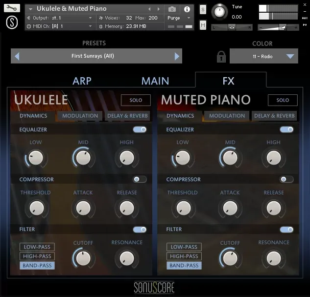 Menu de colores y efectos de SonuScore Origins Vol.5