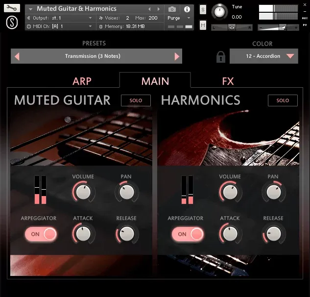 Interfaz principal de SonuScore Origins Vol.6 Muted Guitar & Harmonics