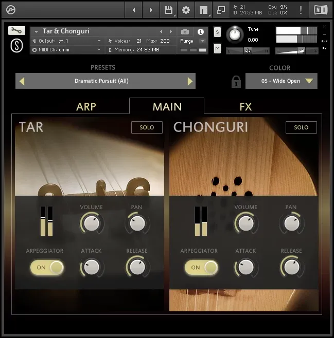 Interfaz principal de SonuScore Origins Vol.7 Tar y Chonguri