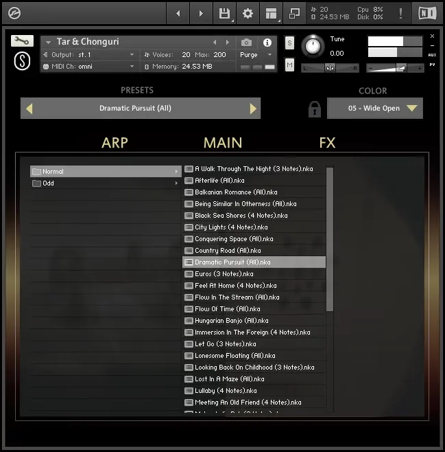Menú de colores y presets de SonuScore Origins Vol.7