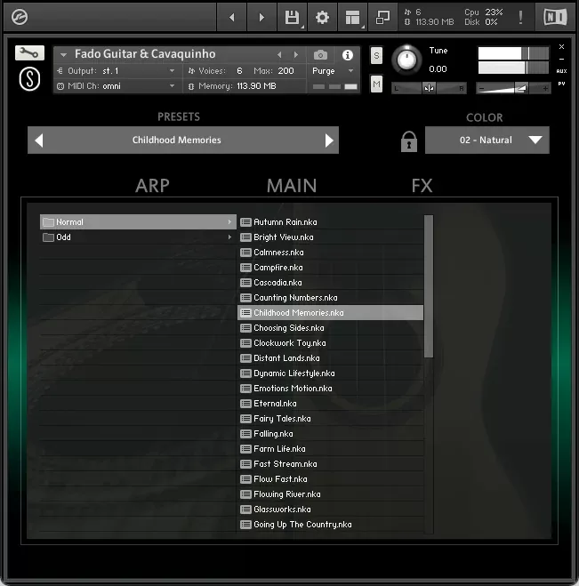 Navegador de presets de SonuScore Origins Vol.8 Fado Guitar y Cavaquinho