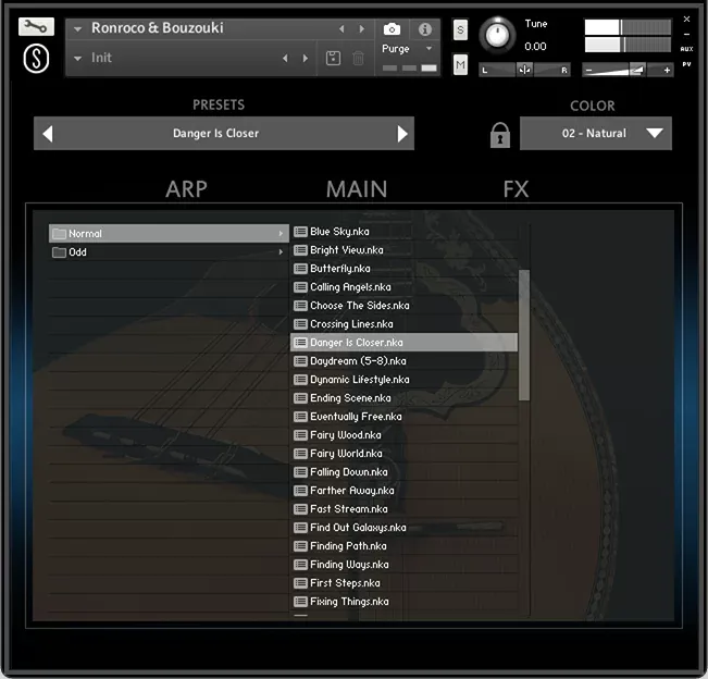 Navegador de presets de SonuScore Origins Vol.9 Ronroco y Bouzouki