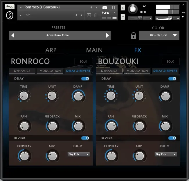 Menú de delay y reverberación de SonuScore Origins Vol.9