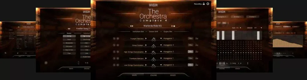 Interfaz de The Orchestra Complete 4 en Kontakt con slots, arpegiadores y mixer