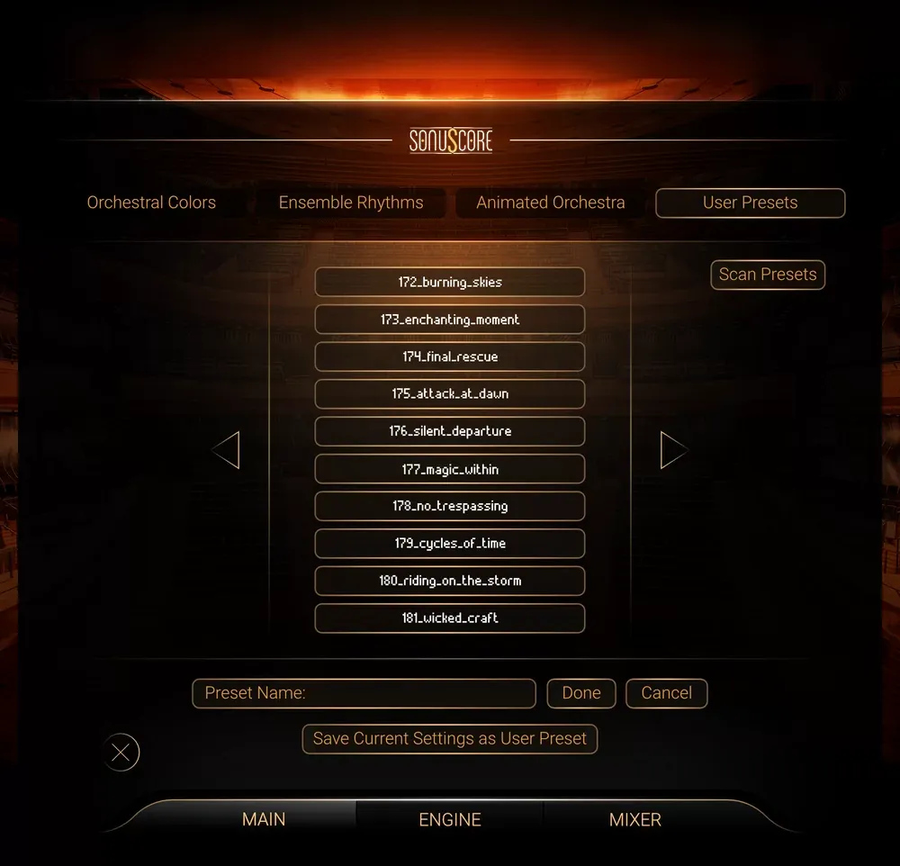 Explorador de presets de SonuScore The Orchestra