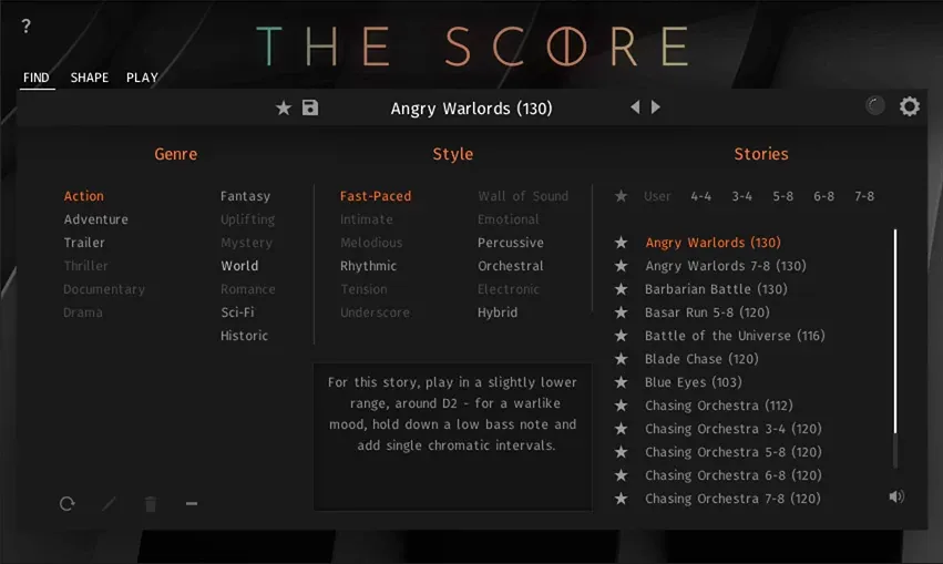 Interfaz de SonuScore THE SCORE con Stories cinematográficas