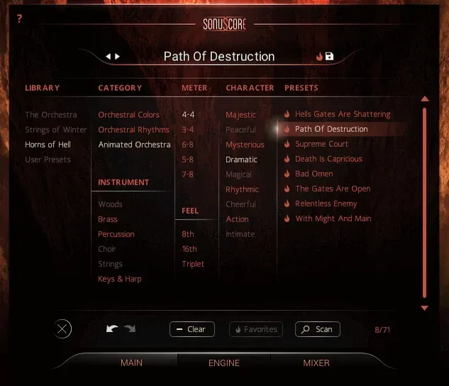 Explorador de presets de SonuScore Horns of Hell