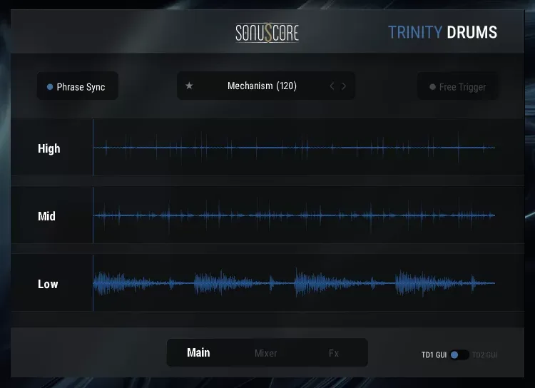 Sistema de tres capas Low, Mid y High de Trinity Drums 2 de SonuScore