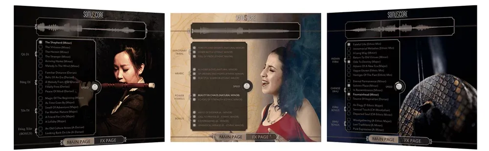 Interfaces de los tres instrumentos del World Music Bundle de SonuScore