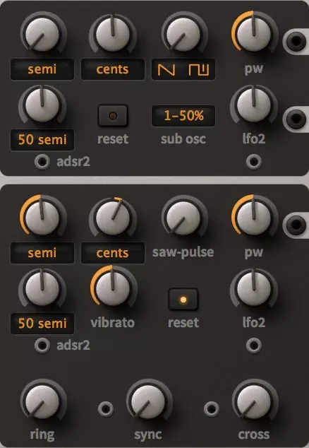 Módulos VCO de u-he ACE con sub-oscilador, vibrato y controles de ring, sync y cross modulation