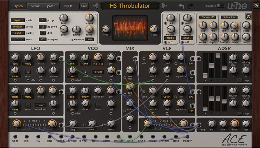 Panel synth de u-he ACE con cables de modulación conectando LFO, VCO, mezclador, filtros y ADSR