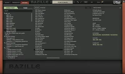Navegador de más de 1.700 presets de fábrica de u-he Bazille organizados por directorio y etiquetas