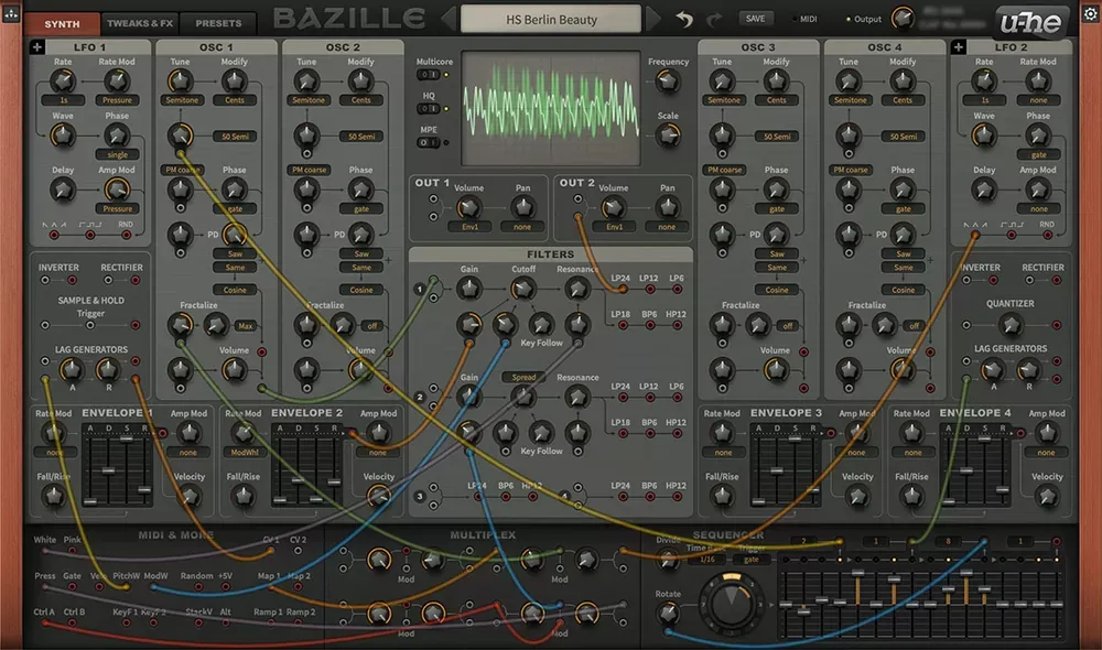 Interfaz modular completa de u-he Bazille con 4 osciladores, filtros, envolventes y cableado de patch