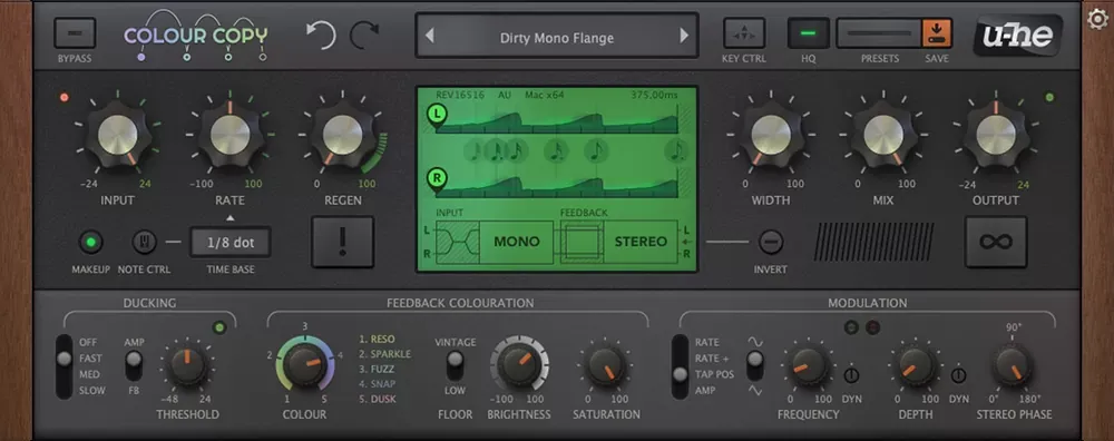 Interfaz completa del plugin de delay u-he Colour Copy con las perillas Input, Rate, Regen, Width, Mix y Output