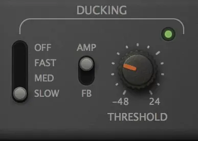 Sección Ducking de u-he Colour Copy con el selector OFF/FAST/MED/SLOW, AMP/FB y la perilla Threshold