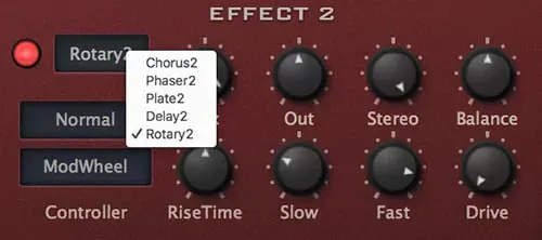 Ranura de efectos estéreo de u-he Diva con menú de rotary, chorus, phaser, plate y delay