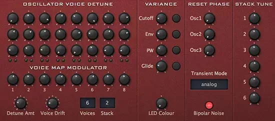 Panel Trimmers de u-he Diva con detune por voz, variance, voice drift y afinación de stack