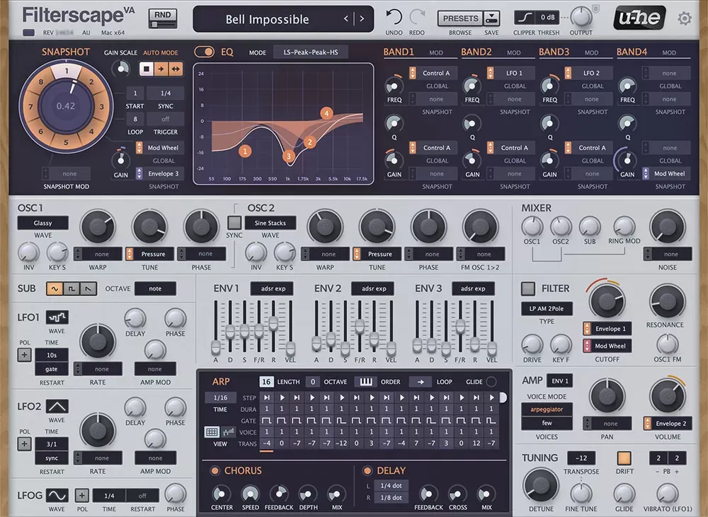 Interfaz de u-he Filterscape VA (sintetizador virtual) con osciladores, mixer, sub, envolventes ADSR, arpegiador y EQ polifónico
