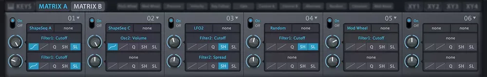 Matriz de modulación de 12 slots de u-he Hive 2 con fuentes, destinos y modificadores