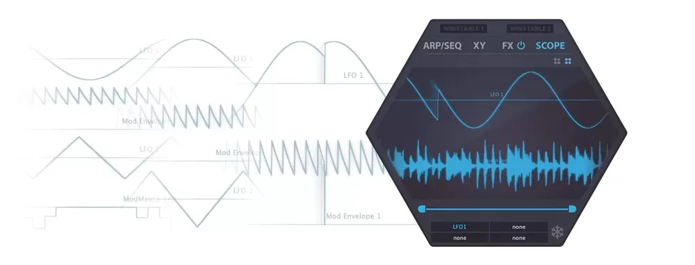 Osciloscopio (Scope) de u-he Hive 2 mostrando señales de modulación y audio en tiempo real