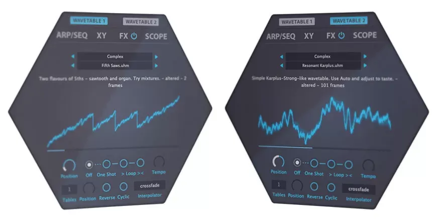 Motor wavetable de u-he Hive 2 con tablas de onda .uhm y controles de posición, loop y crossfade