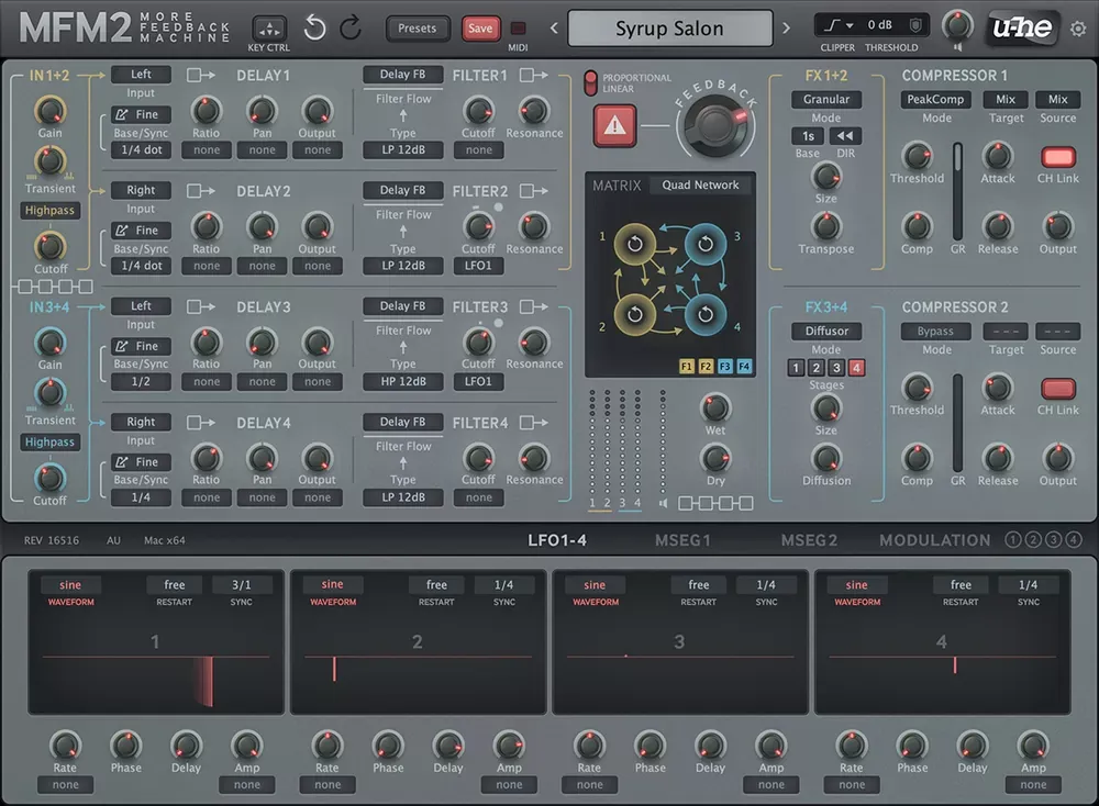 Interfaz completa de u-he MFM2 con cuatro líneas de delay, cuatro filtros, la matriz de realimentación Quad Network, los efectos y dos compresores