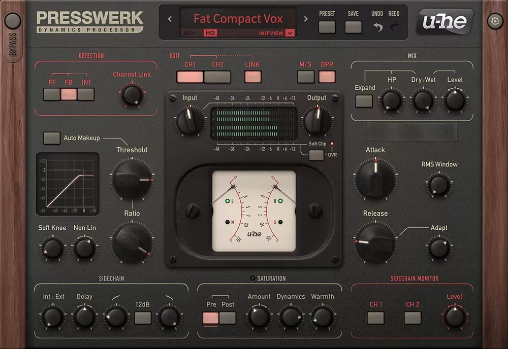 Interfaz completa del compresor u-he Presswerk con Detection FF/FB/INT, Threshold, Ratio, medidores VU, Attack, Release, Saturation y Mix