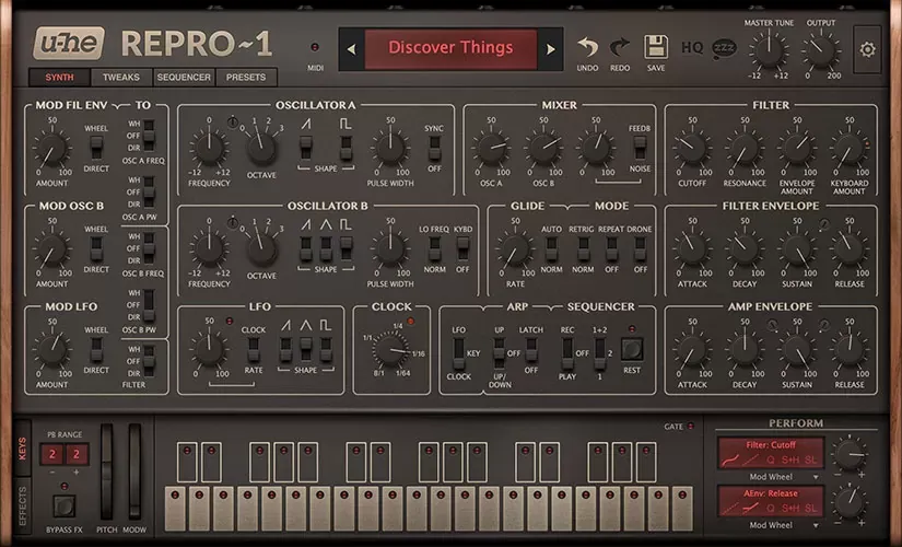 Panel SYNTH de u-he Repro-1 con osciladores A y B, mixer, filtro resonante y envolventes