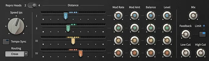 Modo de delay de cinta de u-he Satin con Repro Heads 2/4, sliders de distancia para los cabezales I-IV, Mod Rate/Amt, Balance, Level, Feedback y enrutamiento Cross