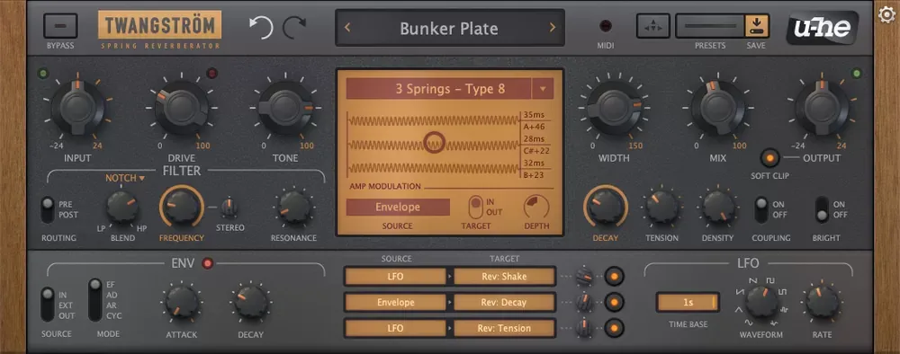 Interfaz completa de u-he Twangström (reverb de resortes) con Input, Drive, Tone, filtro, la pantalla 3 Springs, Width, Mix, Decay, Tension, Density y la matriz de modulación