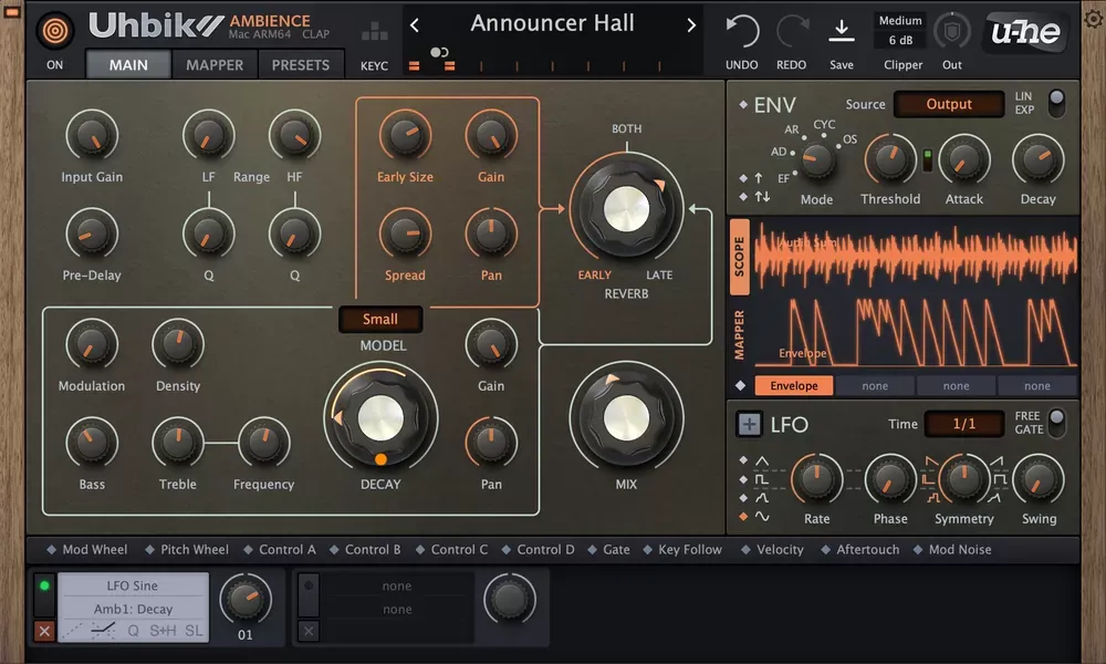 Módulo Uhbik Ambience (reverb) de u-he Uhbik 2 con Early Size, Spread, Pan, Early/Late Reverb, Decay y modelo Small