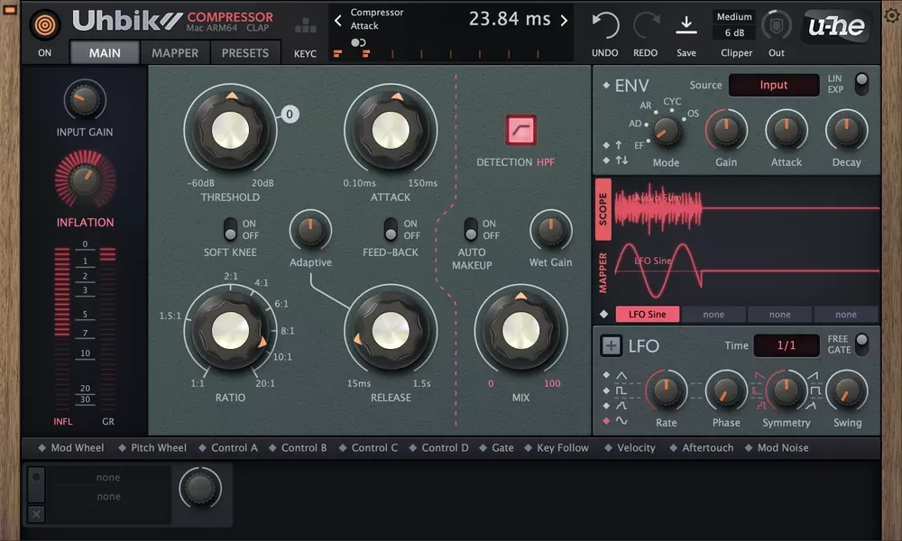 Módulo Uhbik Compressor de u-he Uhbik 2 con Inflation, Threshold, Attack, Ratio, Release, Mix, envolvente y LFO
