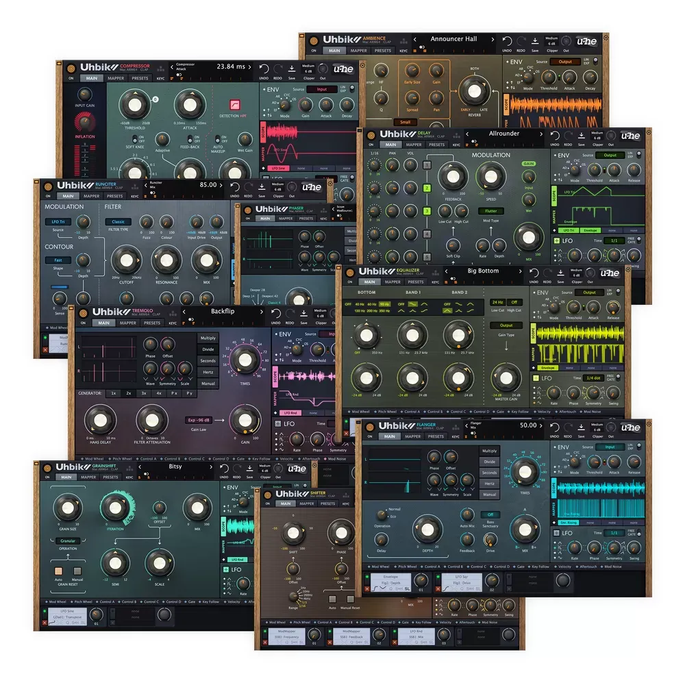 Los diez módulos de la suite u-he Uhbik 2 mostrados juntos: Compressor, Ambience, Delay, Runciter, Phaser, Tremolo, Equalizer, Grainshift, Shifter y Flanger