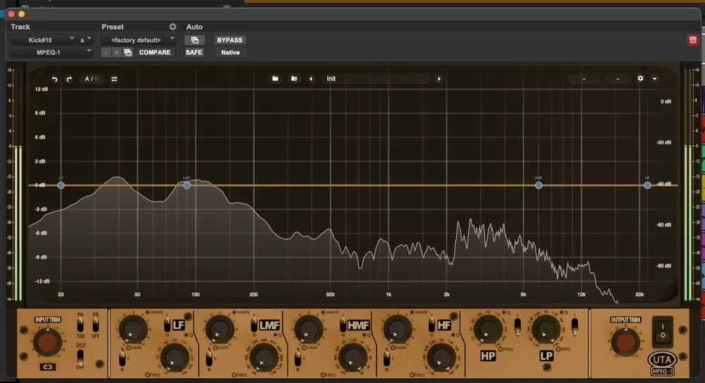 Plug-in Undertone Audio MPEQ-1 abierto en una DAW, con analizador RTA, curva de ecualización y el panel de bandas LF, LMF, HMF, HF con filtros HP y LP