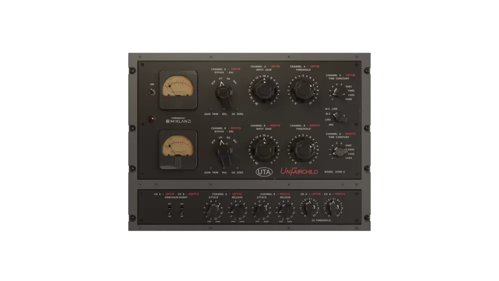 Interfaz del plug-in Undertone Audio UnFairchild 670M II: dos canales con vúmetros, Input Gain, Threshold, Time Constant y sección de Attack y Release