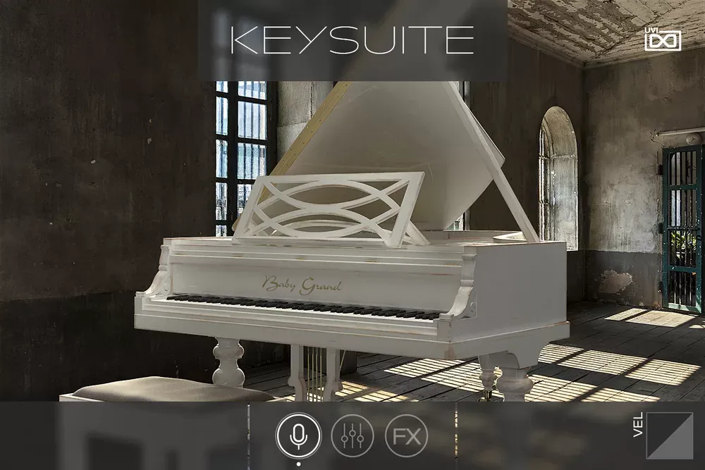 Interfaz de UVI Key Suite con el piano Baby Grand y controles de micrófono, mezcla y efectos